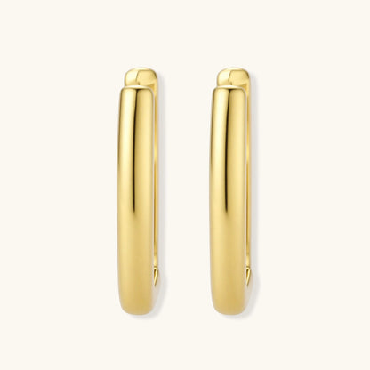 Polished gold-plated sterling silver hoop earrings with hinged closure mechanism on white background.
