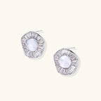 Round white gold-plated stud earrings with mother of pearl center and baguette crystal halo surround, 16.2mm diameter.